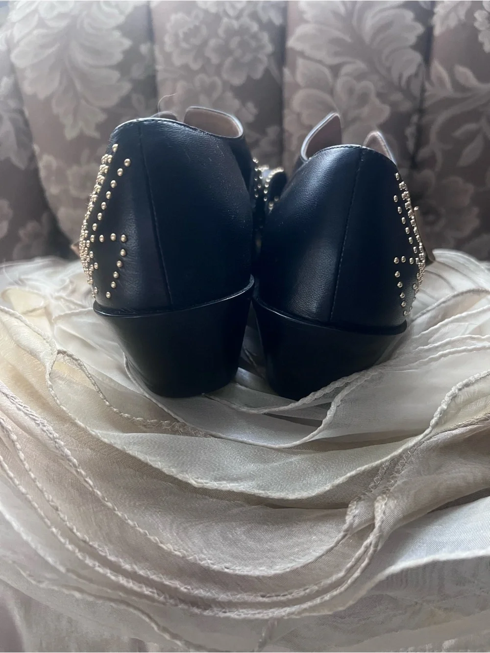 Chloe Black Leather Pointed Loafers with Gold Stud Detailing